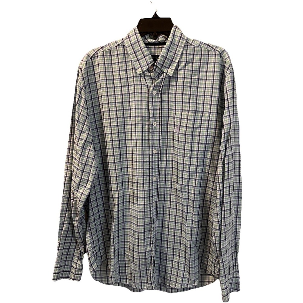 Johnnie-O Shirt Mens L Blue Green Plaid Cotton Linen Long Sleeve‎ Button Front
